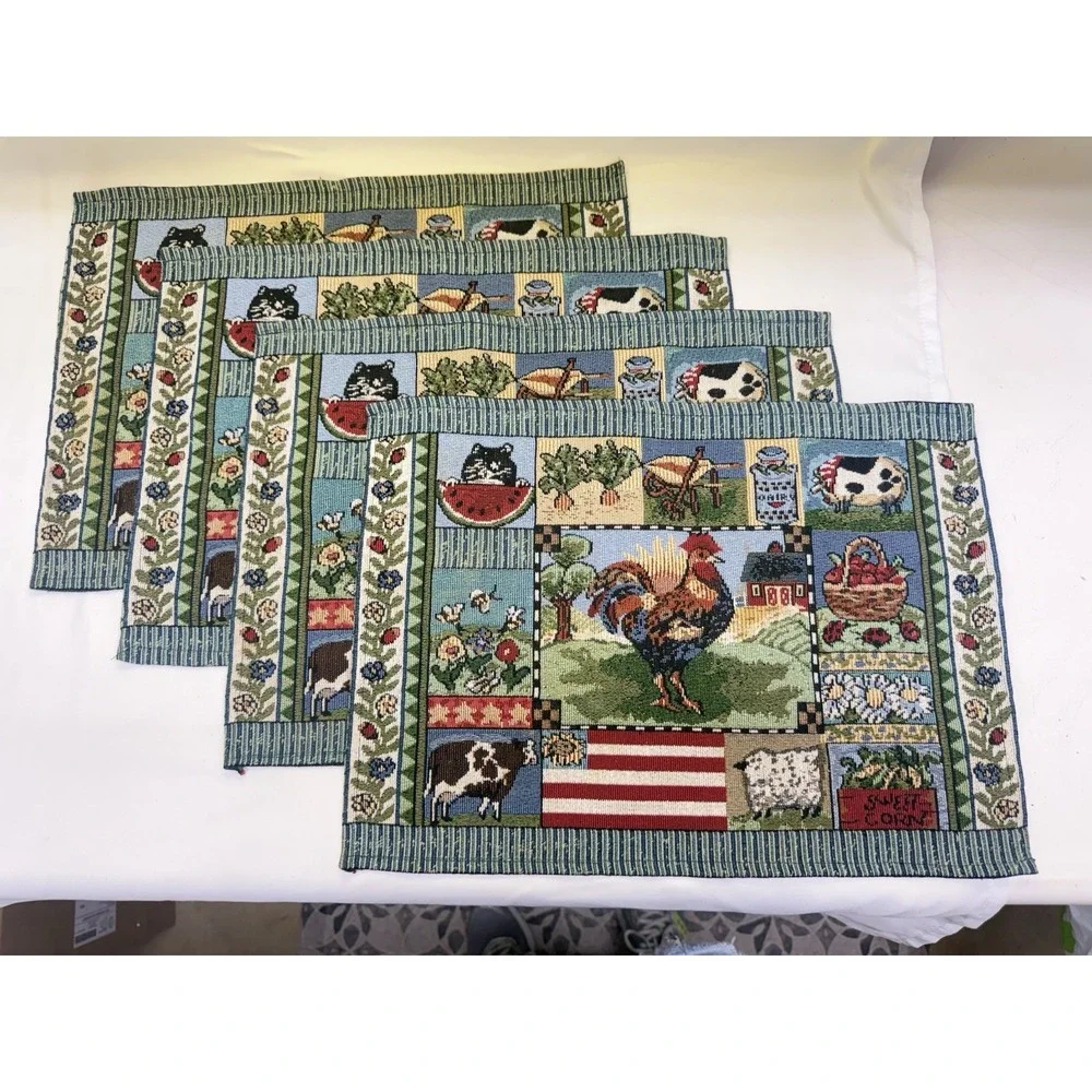 Hen Rooster Placemats Set Of 4 Woven Tapestry  & Large Table Runner 12